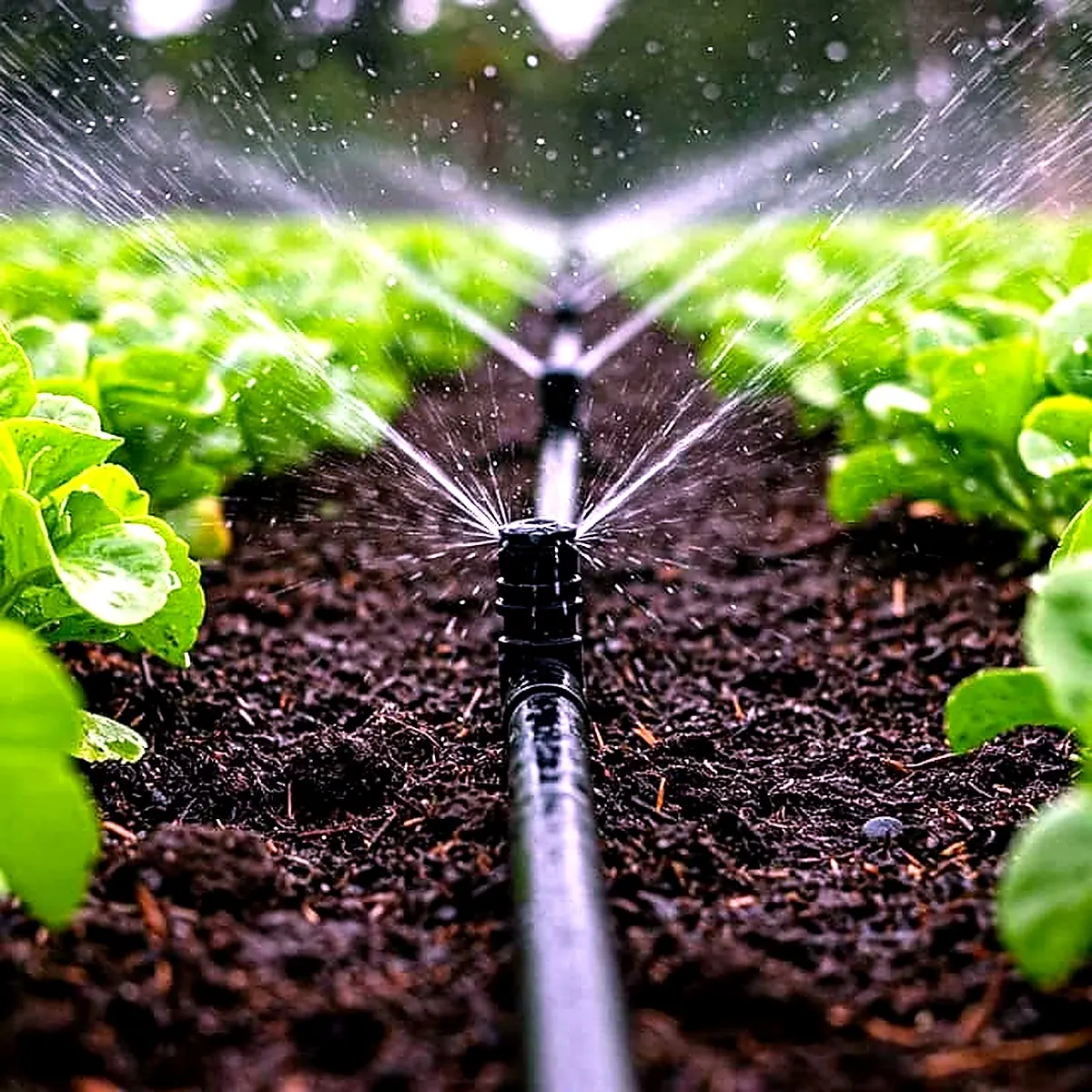 Vegetable seedlings growing in irrigated crop rows