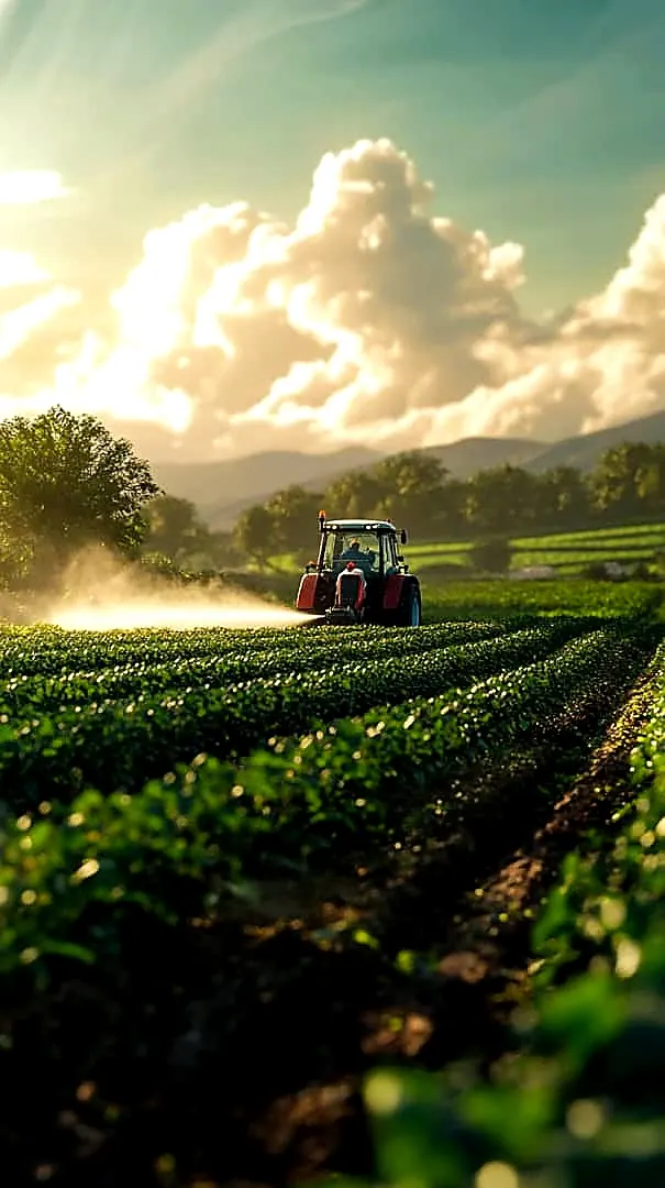 Tractor in field at sunset